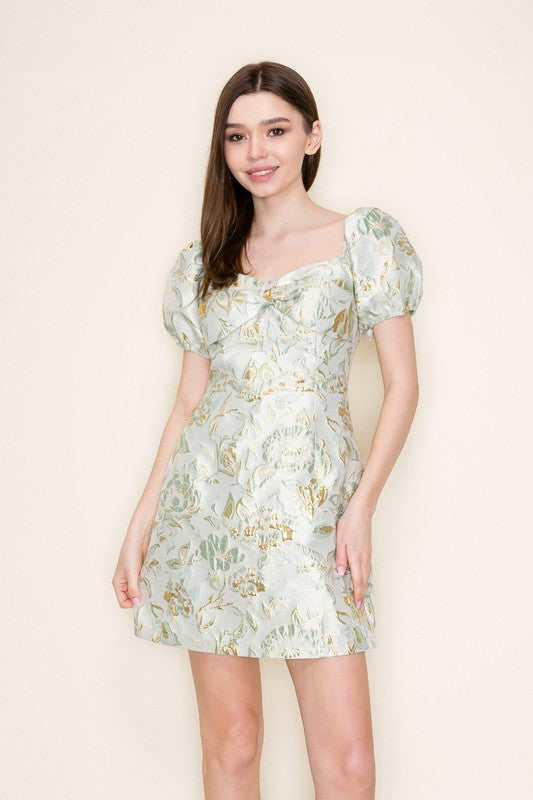 Puff Short Sleeve Jacquard Mini Dress