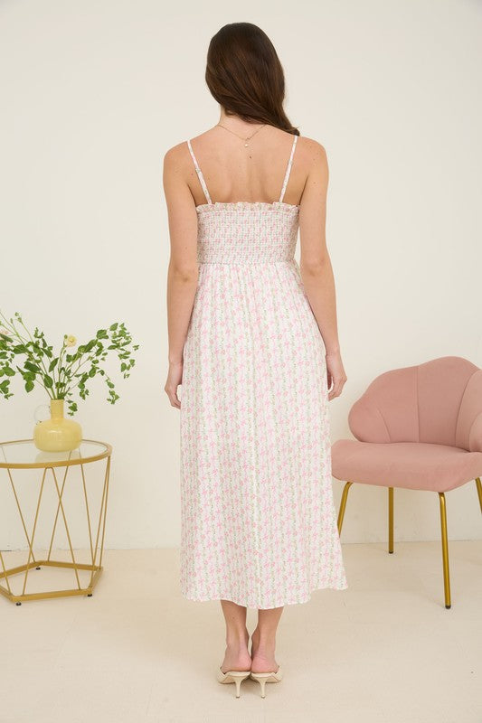 Floral Bow Pattern Spaghetti Strap Midi Dress