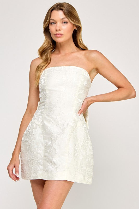Strapless Satin Jacquard Mini Dress with Back Bow