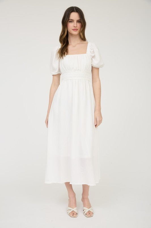Short Puff Sleeve Smocked Waist Solid Midi Dress