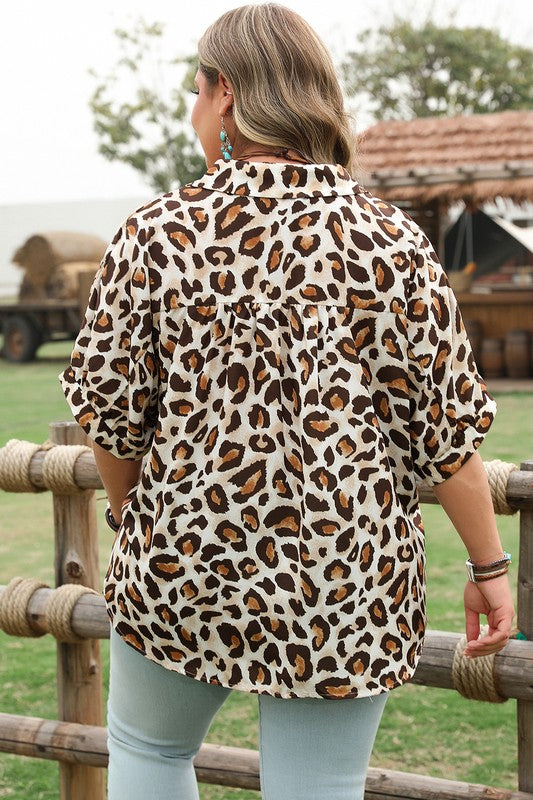 Curvy Short Sleeve Leopard Print Button Down Top
