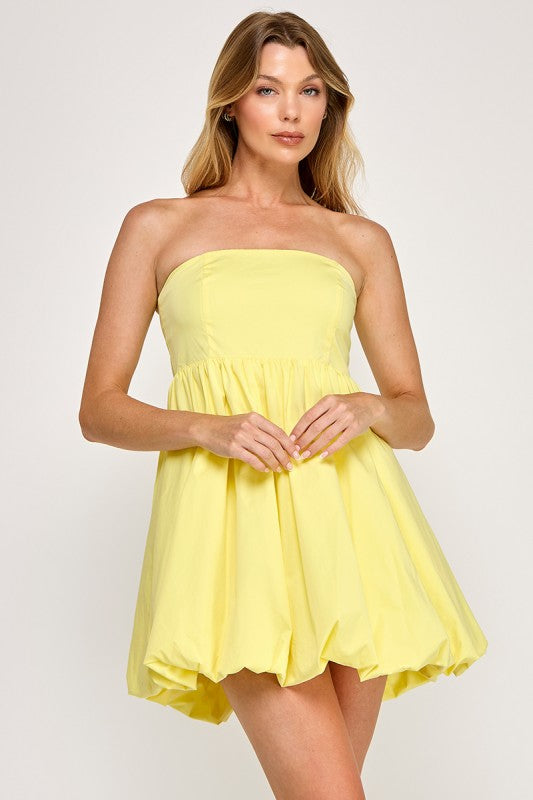 Strapless Poplin Bubble Hem Mini Dress