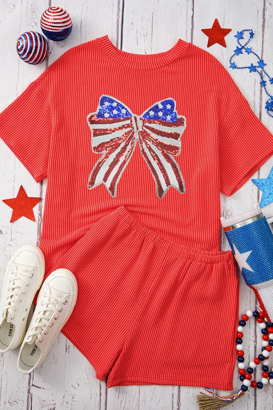 Sequin American Flag Bow Short Sleeve Tee and Shorts Set