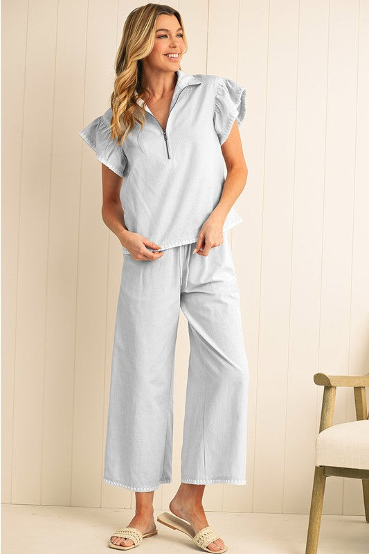 Stripe Short Sleeve Collar Top and Shift Pants Set
