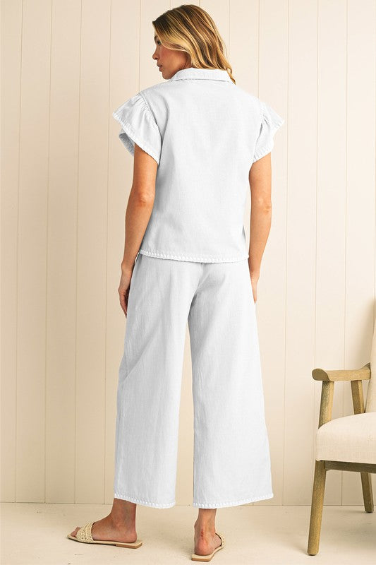 Stripe Short Sleeve Collar Top and Shift Pants Set