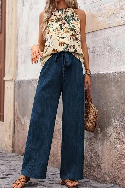 Crinkle Elastic Tie Waist Palazzo Pants