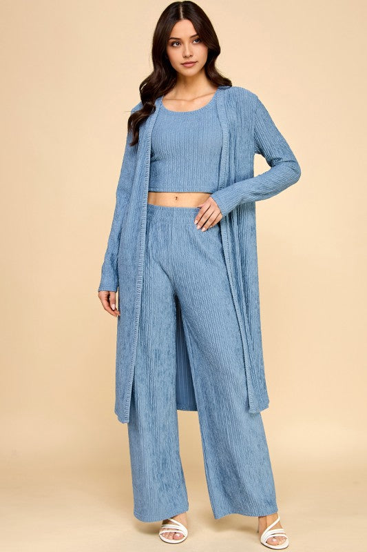 SOLID CRINKLE CARDIGAN 3 PIECE PANT SET