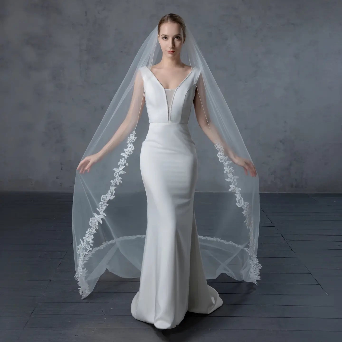 Floral Embroidered Lace Bridal Long Veil