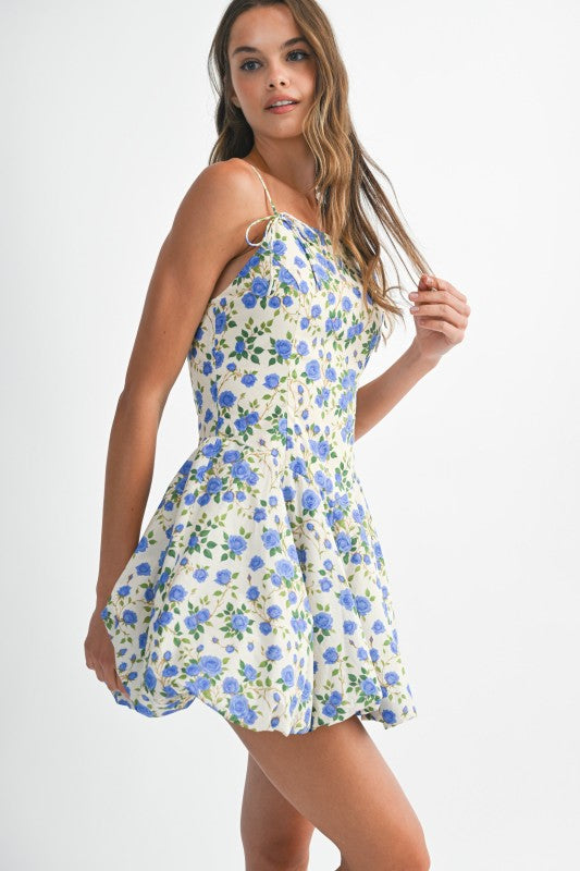 Adjustable Spaghetti Strap Flotal Print Bubble Hem Mini Dress