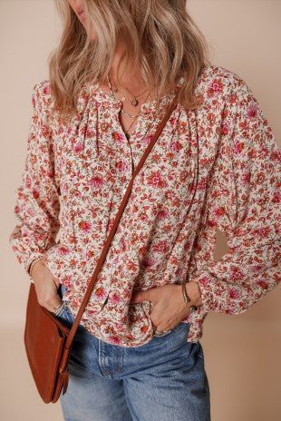 Puff Long Sleeve Notched Neck Floral Print Top