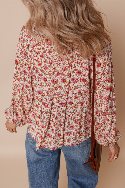 Long Sleeve Floral Pleated Detail Notched Neck Puff Sleeve Blouse