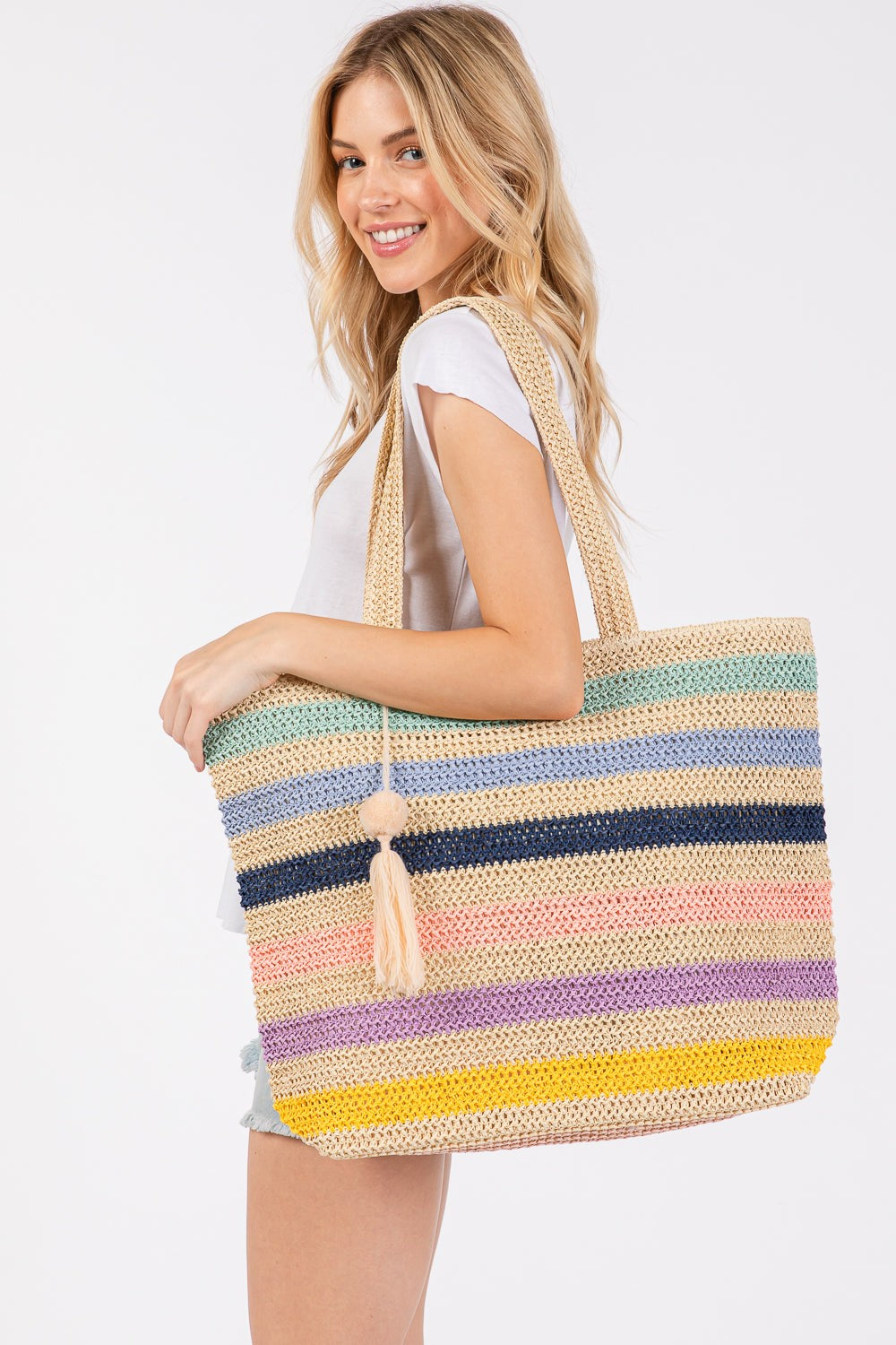 Amara Striped Crochet Tote Bag With Tassel