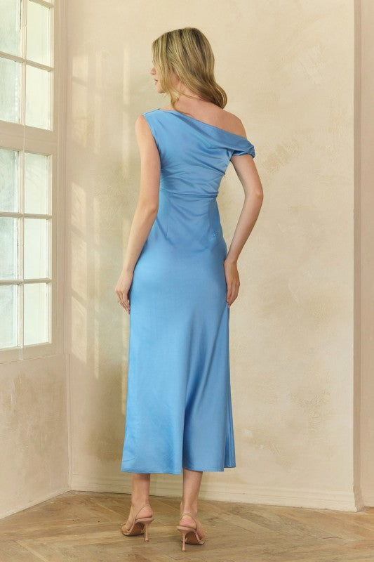 Asymmetrical Satin Drape Maxi Dress
