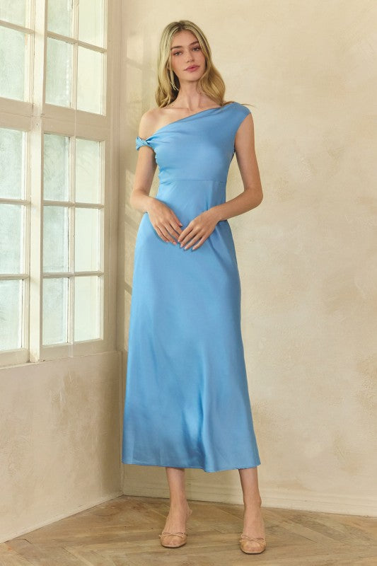 Asymmetrical Satin Drape Maxi Dress