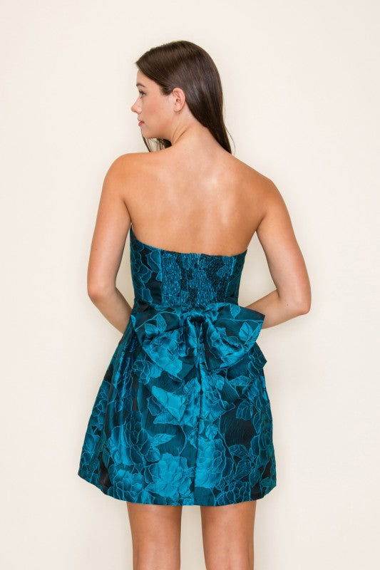 Strapless Jacquard Tube Mini Dress with Bow Back