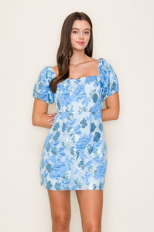 Short Puff Sleeve Floral Jacquard Square Neck Mini Dress
