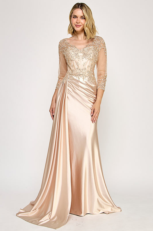 3/4 Sleeve V Neck Emboidered Long Formal Dress with Satin Skirt and Side Train