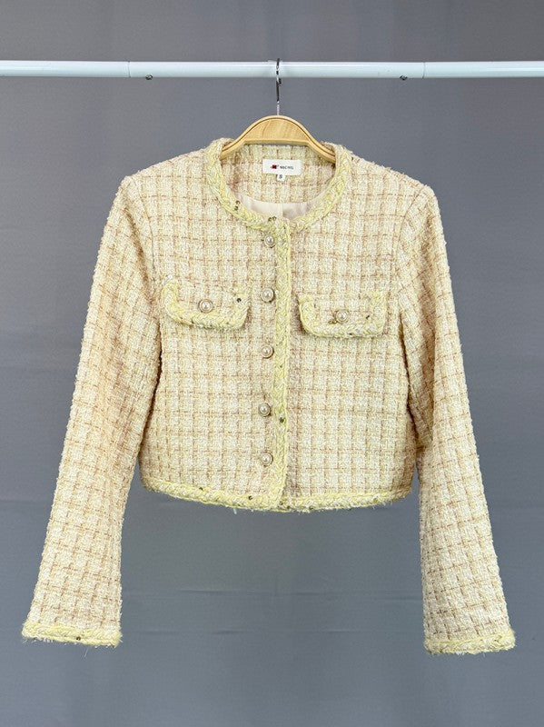 Long Sleeve Collarless Contrast Trim Detail Tweed Crop Jacket