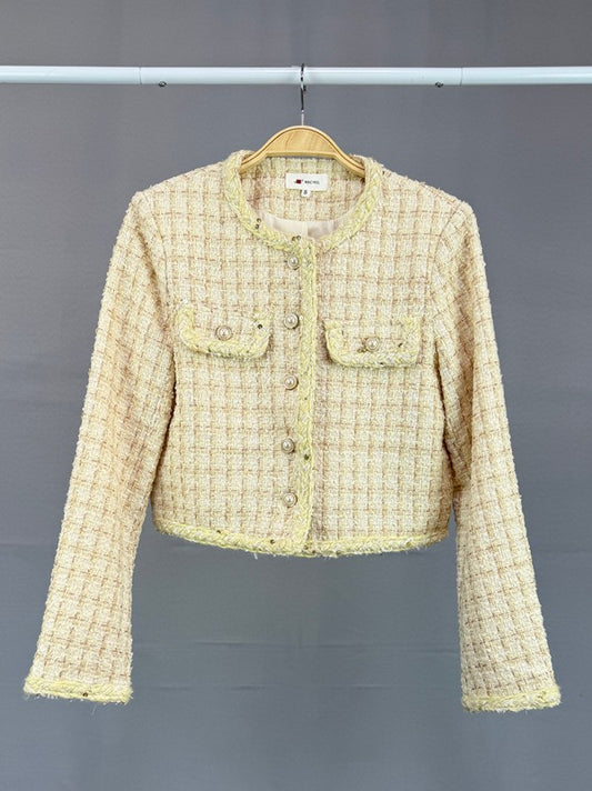 Long Sleeve Collarless Contrast Trim Detail Tweed Crop Jacket