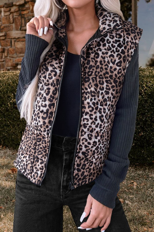 Leopard Quilted Full Zipper Casual Puff Vest