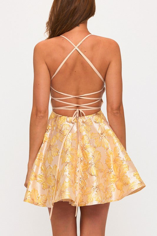 Adjustable Spaghetti Strap Lace Back Square Neck Jacquard Mini Fit and Flare Dress