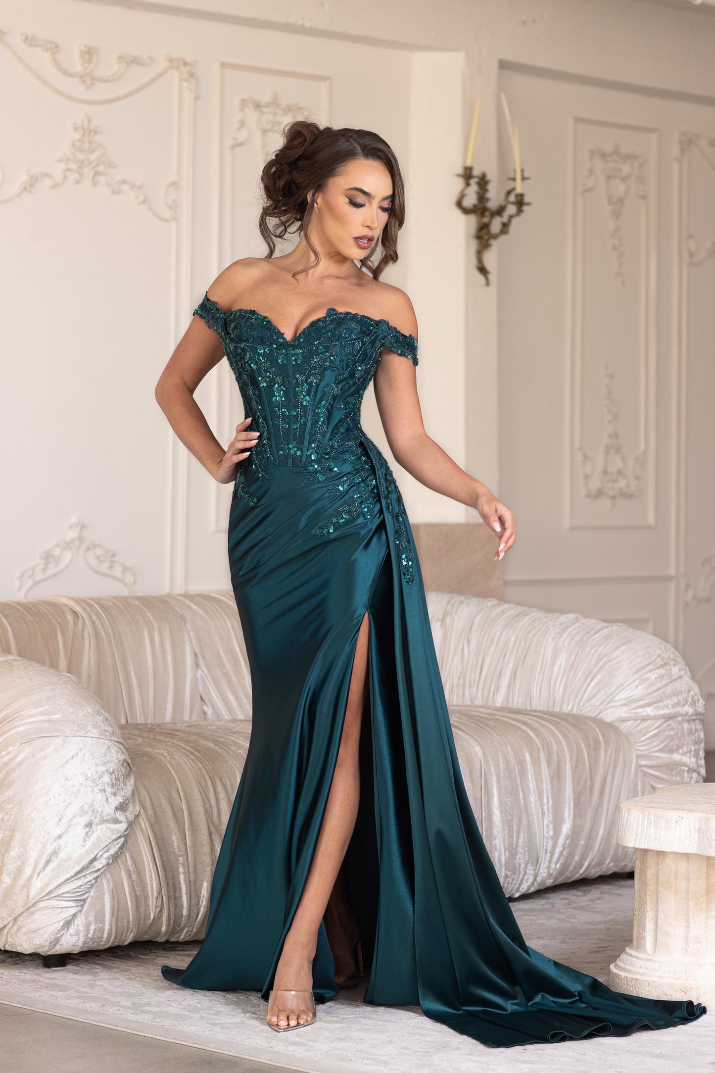 Off the Shoulder Sweetheart Neck Embroidery Corset Bodice Long Formal Dress with Side Slit and Train