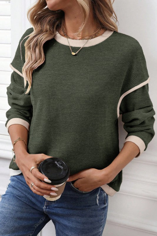 Long Sleeve Contrast Color Trim Knit Loose Sweater