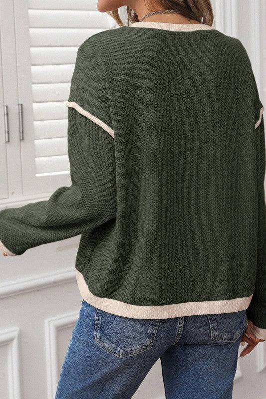 Long Sleeve Contrast Color Trim Knit Loose Sweater