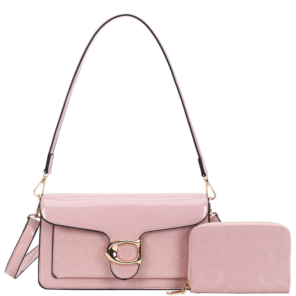 2 PC Faux Leather Shoulder Crossbody Bag with Matching Wallet