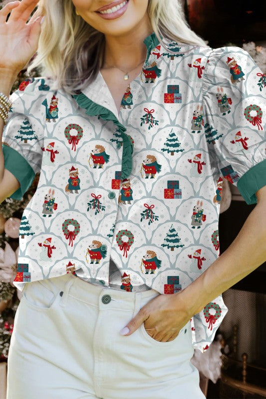 Christmas Contrast Trim Short Sleeve Blouse