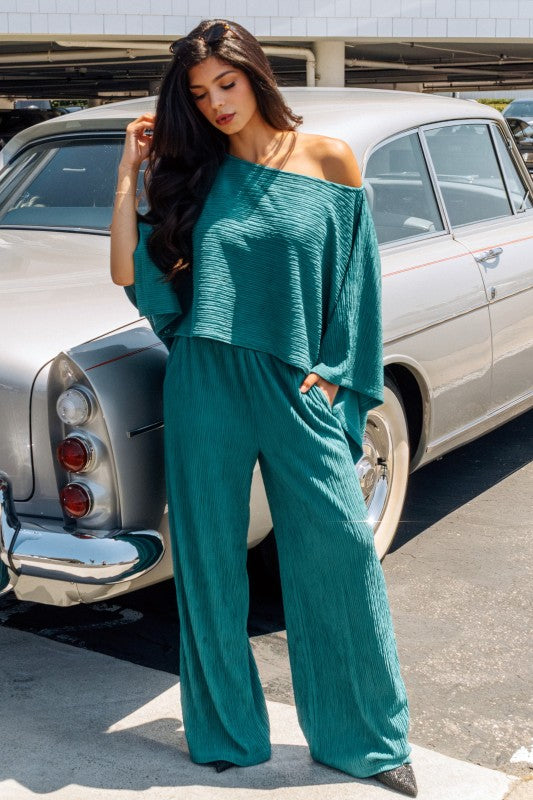 Cape Kimono Sleeve Off the Shoulder Crop Top with Matching Crinkle Plisse Palazzo Pants Set