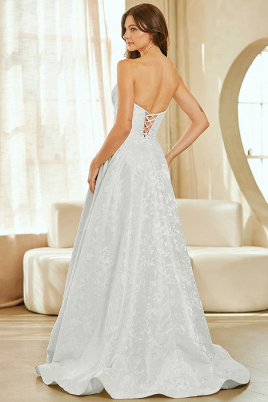 Strapless Sweetheart Jacquard A Line Long Formal Dress with Corset and Slit
