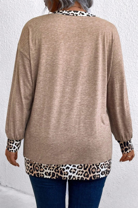 Curvy Leopard Patchwork V Neck Long Sleeve Top