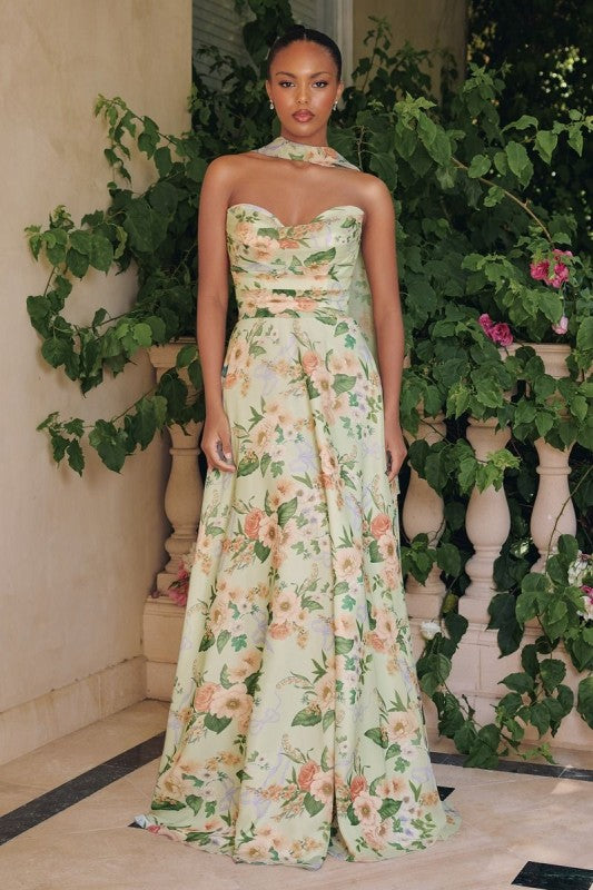 Strapless Sweetheart Neckline A-Line Floral Long Formal Dress with Matching Scarf