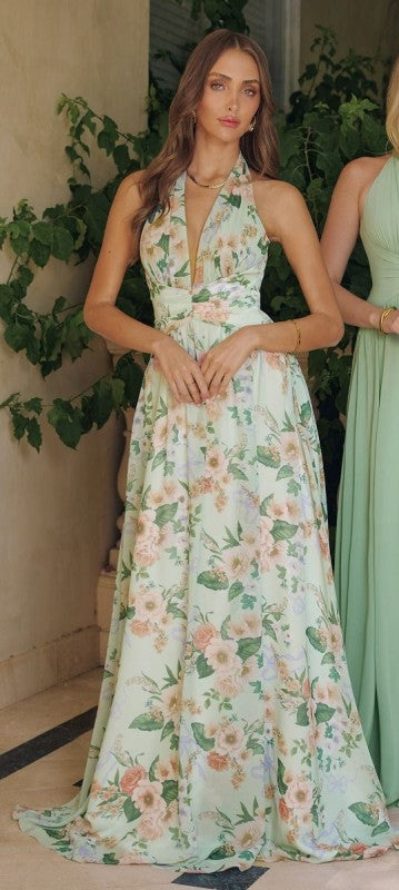 Halter Chiffon A-Line Floral Long Formal Dress