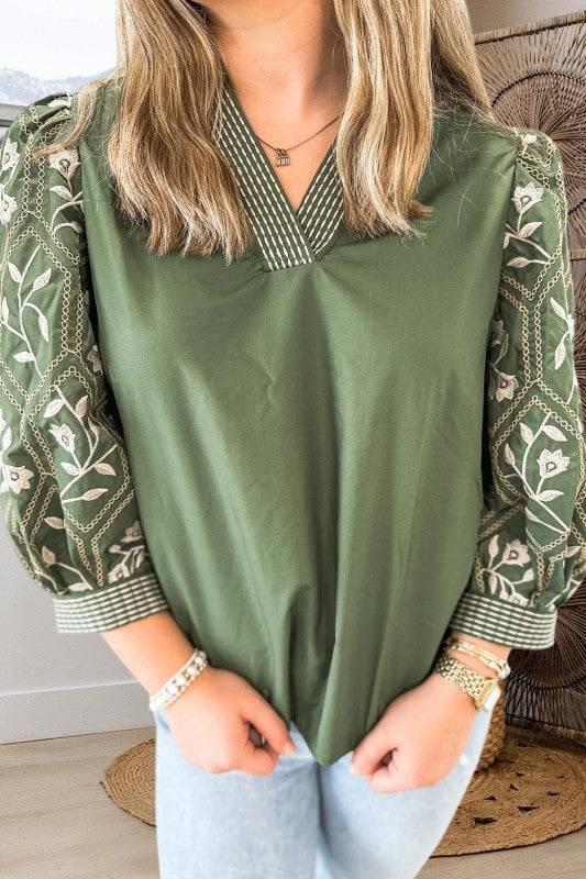 Floral Puff Long Sleeve Contrast Patchwork Blouse