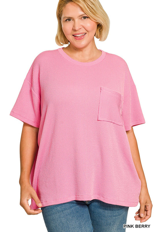 Curvy Short Sleeve Ribbed Top with Front Pocket