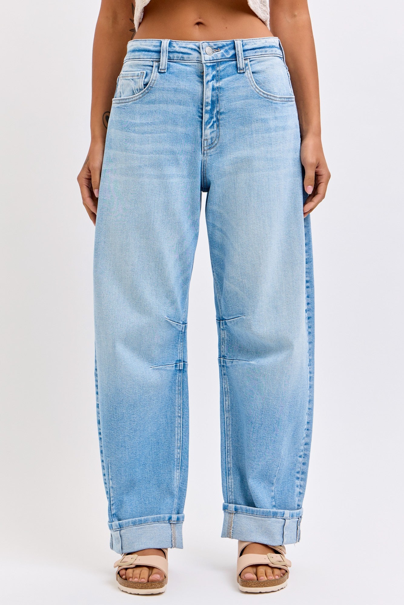 Barrel Leg Denim Jeans with Cuff Hem