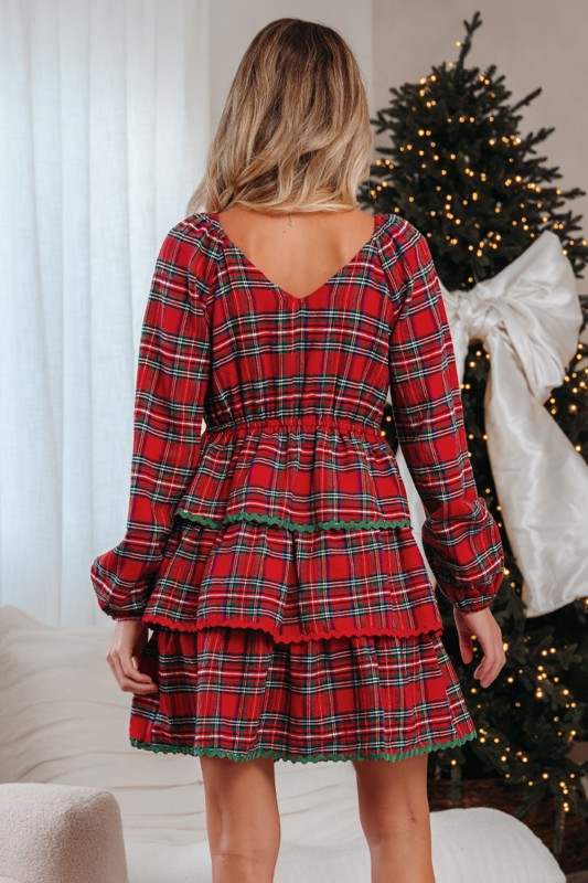 Long Sleeve Plaid Print Ricrac Tiered Bubble Sleeve Mini Dress