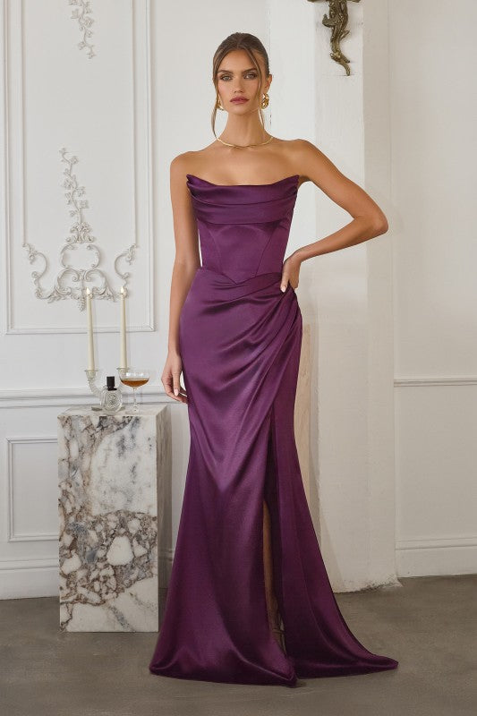 Detachable Off the Shoulder Strap Aline Long Formal Stretch Satin Dress with Side Slit