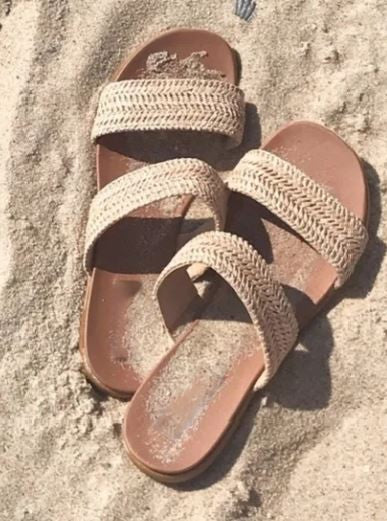 Double Strap Raffia Slide On Open Toe Sandal