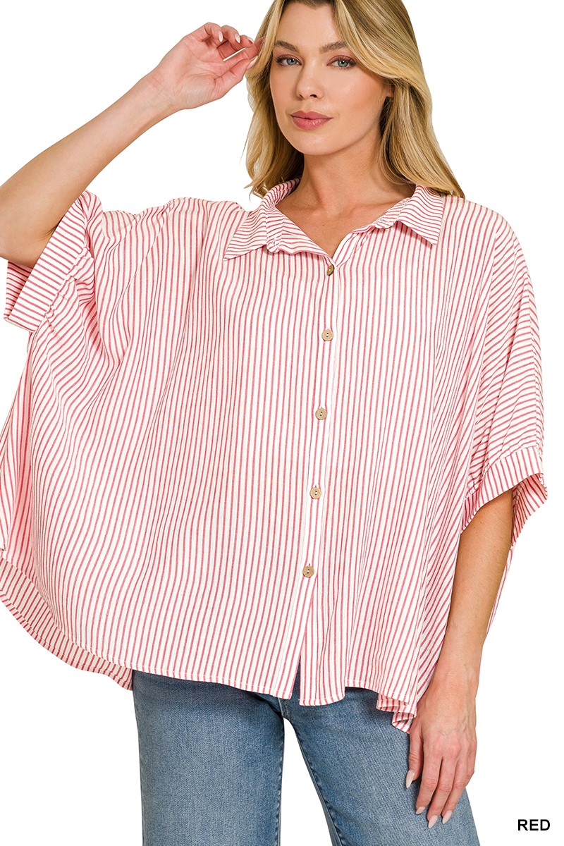 Short Sleeve Oversized Fit Striped Button Down Top