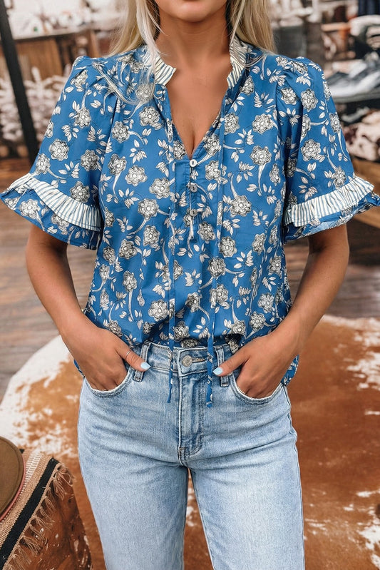 Floral Button Tie Neck Striped Short Sleeve Blouse