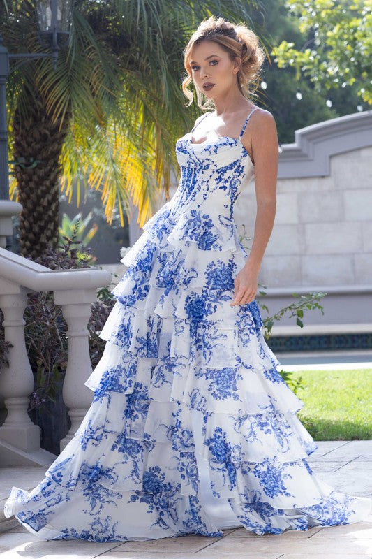 Spaghetti Strap Floral Tiered Long Formal Dress