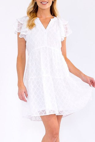 Short Ruffle Sleeve Textured Detail Button Up Mini Dress