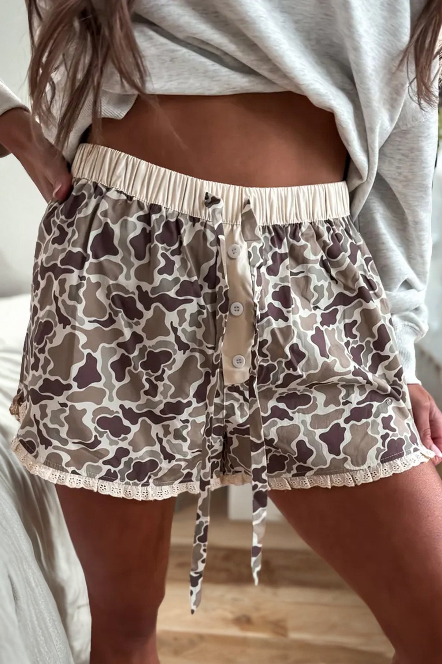 Camouflage Print Ruffle Trim Boxer Shorts