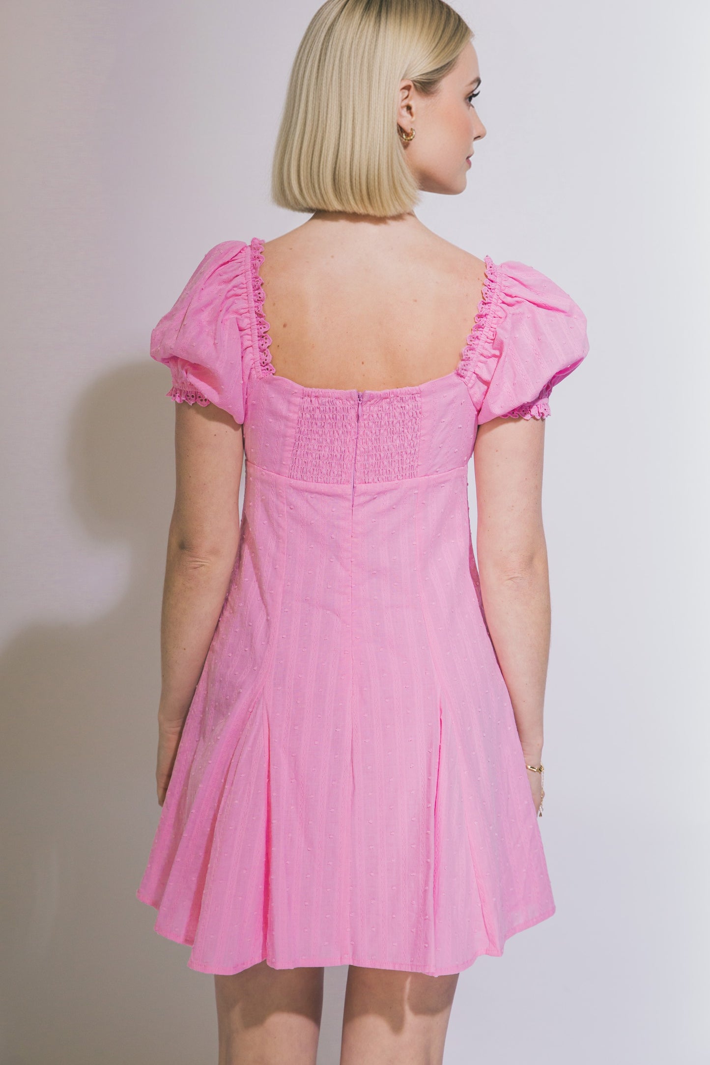 Puff Sleeve Lace Trim Mini Dress