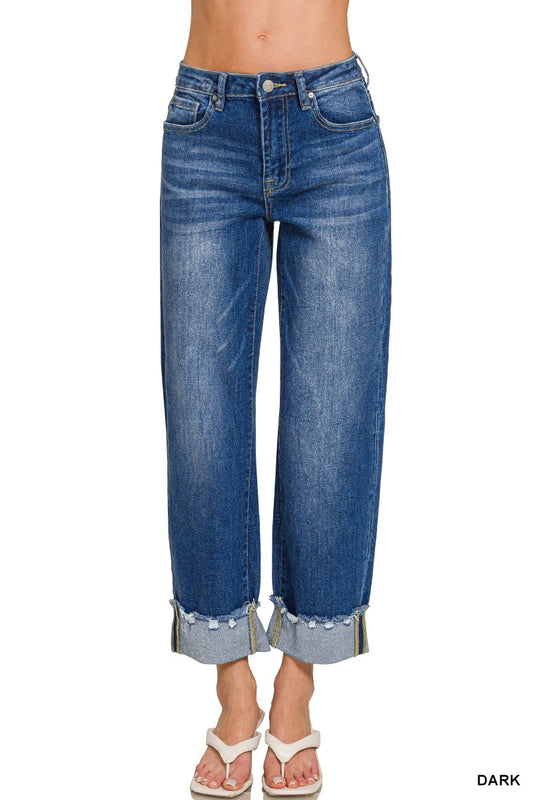 Mid Rise Wide Cuff Raw Hem Denim Jeans with Pockets