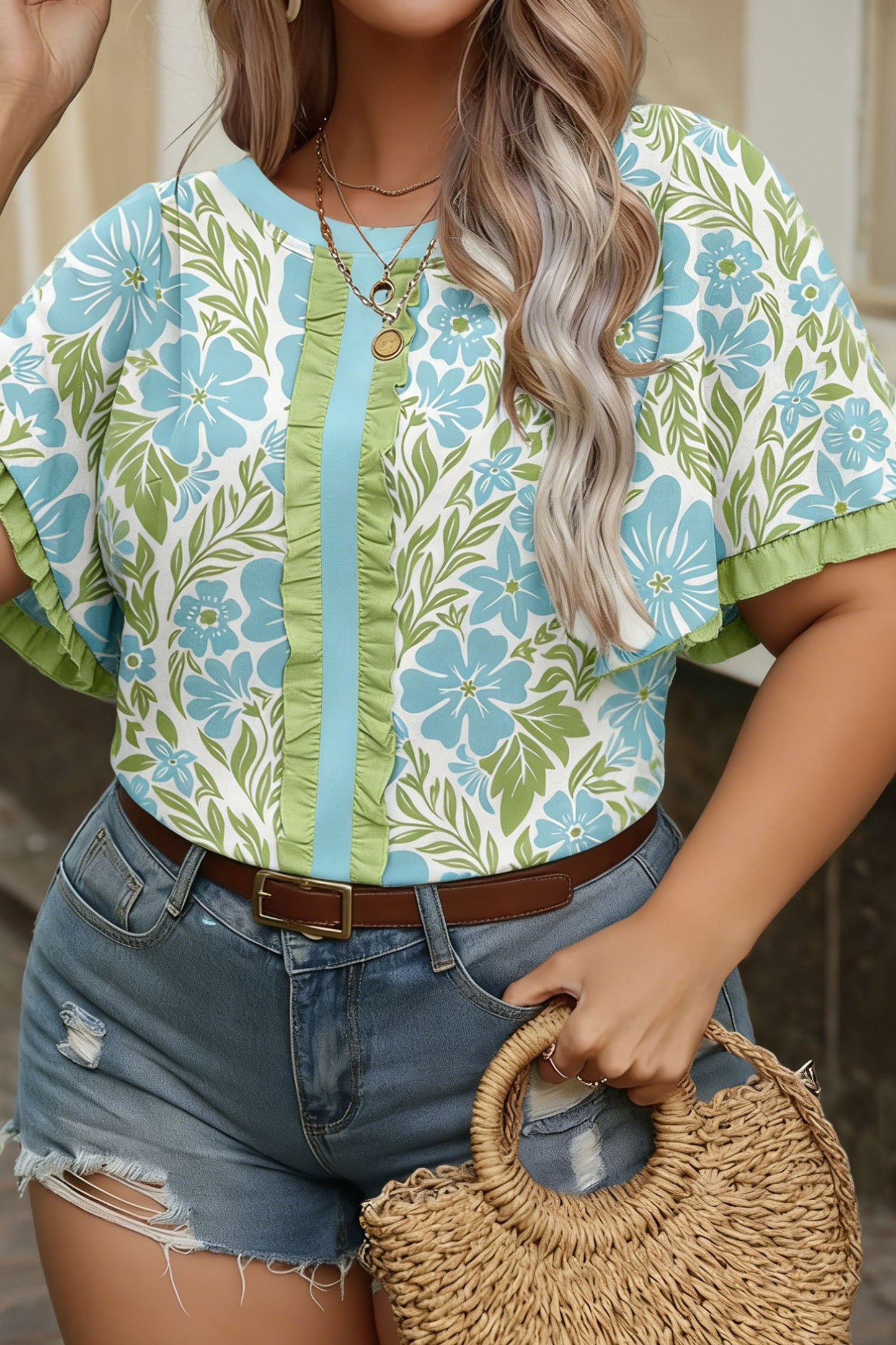 Curvy Floral Print Frilled Color Block Trim Short Sleeve