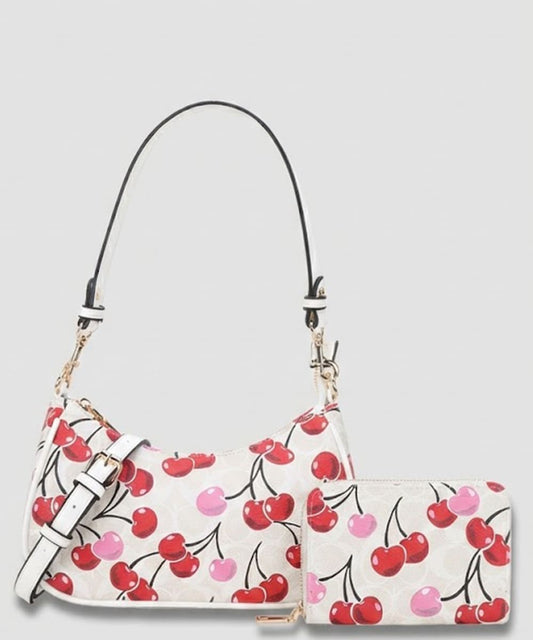 2 PC Oval Cherry Print Satchel with Matching Wallet